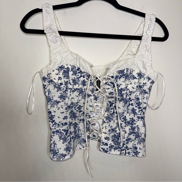 H&M LACING-DETAIL COTTON BUSTIER TOP Floral Lace-Up Blue and White Women's Top - Picture 3 of 4